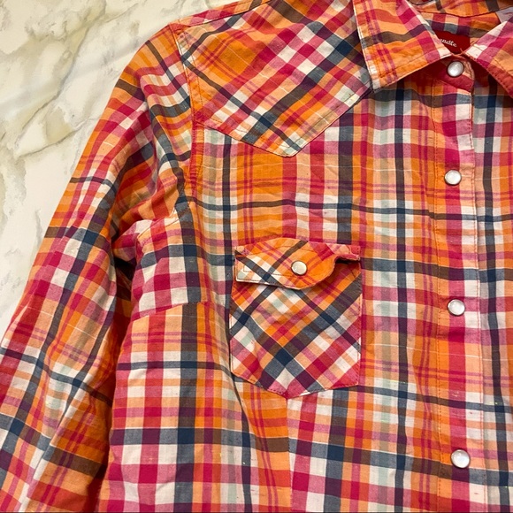 Panhandle large plaid checks orange front pocket Pearl snap button 100% cotton - Picture 3 of 8
